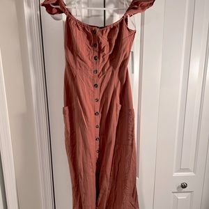 Lulu’s Shady Spot Rusty Rose Striped Off-the-Shoulder Midi Dress